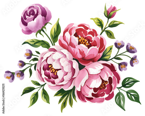 Watercolor floral bouquet with pink peonies and purple flowers isolated on a white background.

