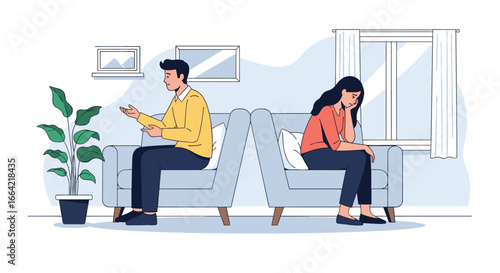A couple sits on separate sofas in a living room with a plant and a window visible expressing their disagreement and emotional distress during a conflict