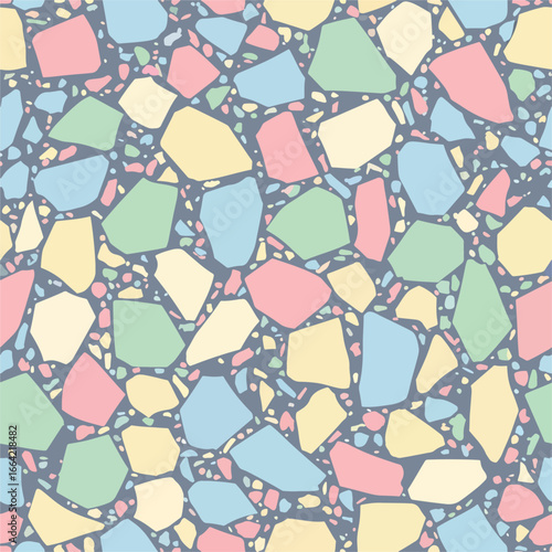 Seamless Pattern, Colorful terrazzo vector pattern with pastel hues and scattered stone fragments design Stock royalty free image.