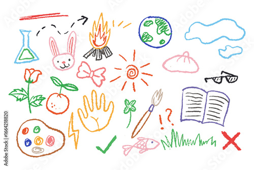 Crayon fun cute kid colorful line art doodle set badge, scribble line flower, background. Hand drawn doodle sketch childish element set. Flower, book, fire, cloud, children draw style design elements