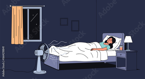 Person attempts to find relief from the heat by sleeping with a fan blowing directly on them throughout the night