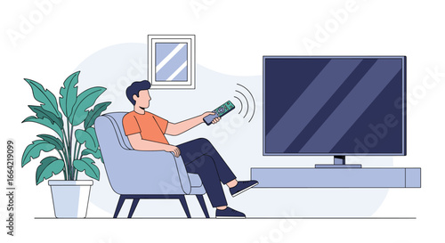Man relaxing in armchair using remote control watching television at home