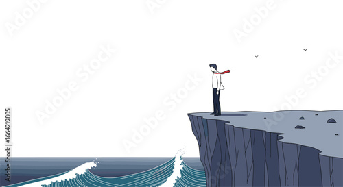 A determined businessman surveys the vast ocean from a desolate cliff edge