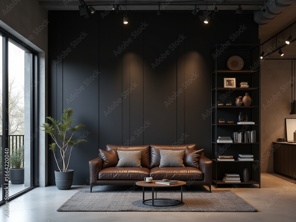 Fototapeta premium Industrial Minimalist Living Room with Matte Black Wall and Steel-Framed Balcony Door.