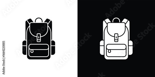 Minimalist Rucksack Icon, Backpack with Buckle, Straps, and Pockets Silhouette on White