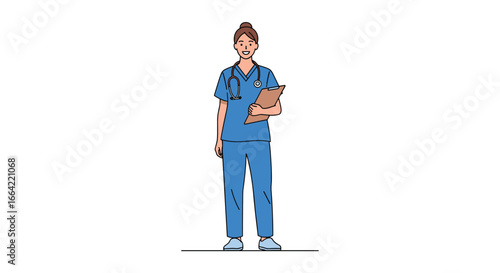 A cheerful pixelated nurse in blue scrubs holding a clipboard ready to provide excellent patient care