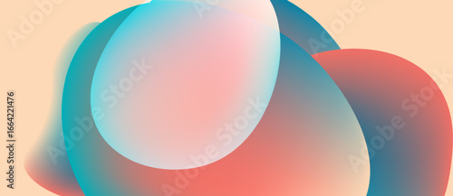 Abstract shapes overlap, creating soft gradients. Peach background complements blue, pink hues. Minimalist design evokes fluidity, calmness.
