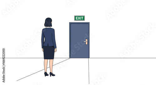 A woman in a suit stands before a closed blue door with an exit sign illuminated above showing a safe way out of the room