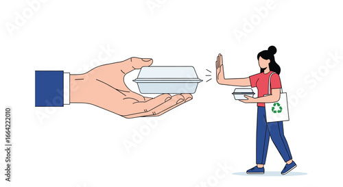 Person refusing to accept food delivery rejecting takeout containers and preferring reusable bags for sustainable practices
