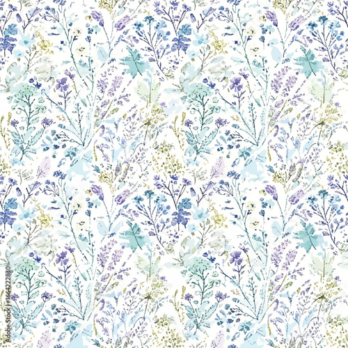 Seamless Pattern, Delicate floral pattern featuring blue, purple, and green watercolor wildflowers Stock royalty free.