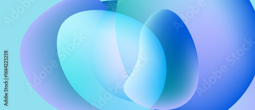 Abstract fluid shapes overlap, creating soft blue, purple gradients. Minimalist design evokes calm, modern aesthetic. Light plays with form.