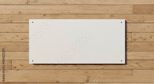 A horizontal white rectangular board affixed to a wooden plank background with visible screws