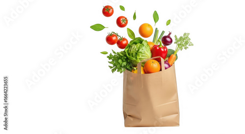 A brown paper grocery bag overflowing with fresh vegetables and fruits, isolated on transparent background