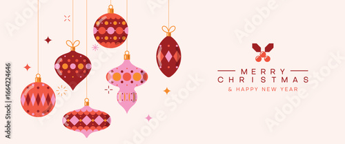 Elegant Merry Christmas and Happy New Year background with shiny hanging ornaments and festive holiday decorations. Seasonal design for invitations, greeting cards, banners, posters and more.