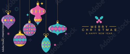 Elegant Merry Christmas and Happy New Year background with shiny hanging ornaments and festive holiday decorations. Seasonal design for invitations, greeting cards, banners, posters and more.