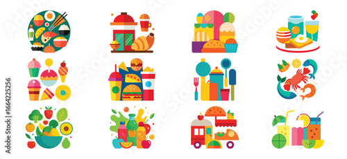 Colorful and Geometric Food Icons Representing Various Cuisines and Meal Types