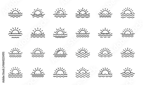 Travel and Adventure Line Icons Set – Tourism, Vacation, Hiking, Camping, Airplane Ticket, Luggage, Backpack, Mountain Climbing, Surfing, Cycling, Snorkeling, Summer Holiday and Outdoor Exploration Ve