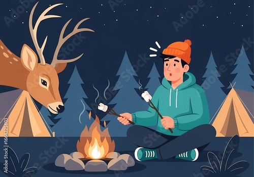 Young man roasting marshmallows by a campfire with a deer watching in a forest at night