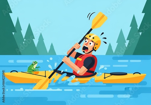 Surprised man in kayak with frog splashing water with paddle amid trees