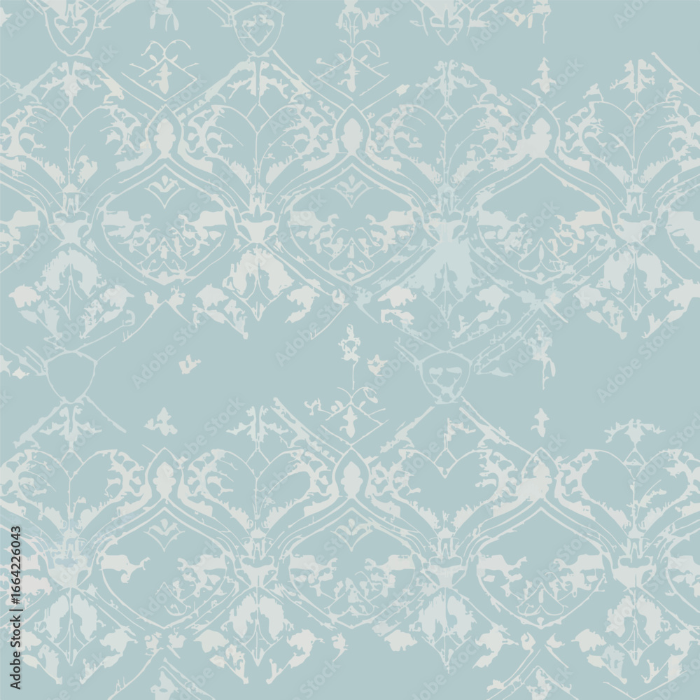 Seamless Pattern, Distressed pale blue damask pattern background with ornate vintage design elements Stock royalty free image.