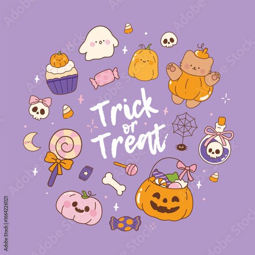Set of cute halloween elements. trick or treat, candy, sweet, pumpkin, bucket, skull, Vector Illustration.