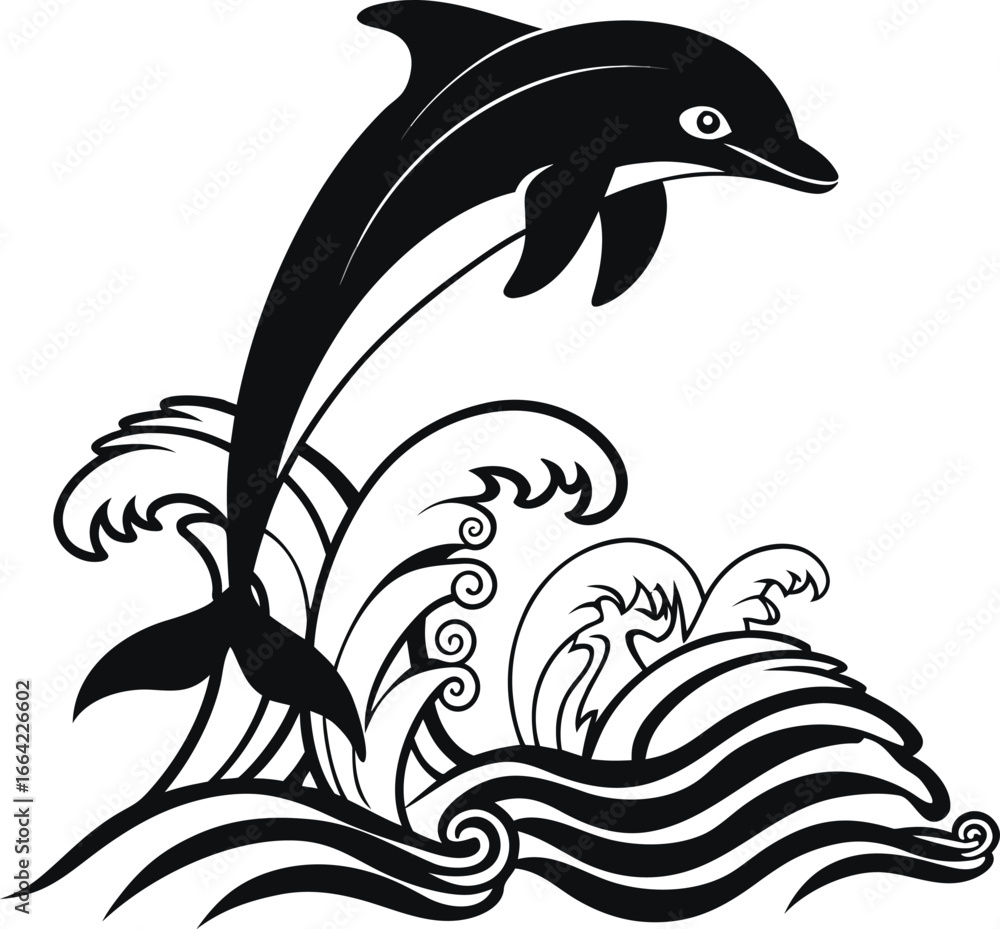Fototapeta premium Artistic Black and White Dolphin Leaping from Ocean Waves A Symbol of Marine Life and Aquatic Beauty