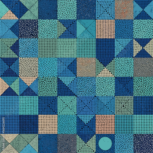 Seamless Pattern, Dotted geometric pattern in shades of blue, teal, and beige creates a quilt effect Stock royalty free image.