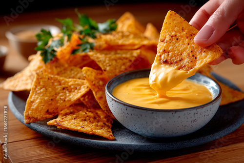 Hand dipping nachos into cheese sauce