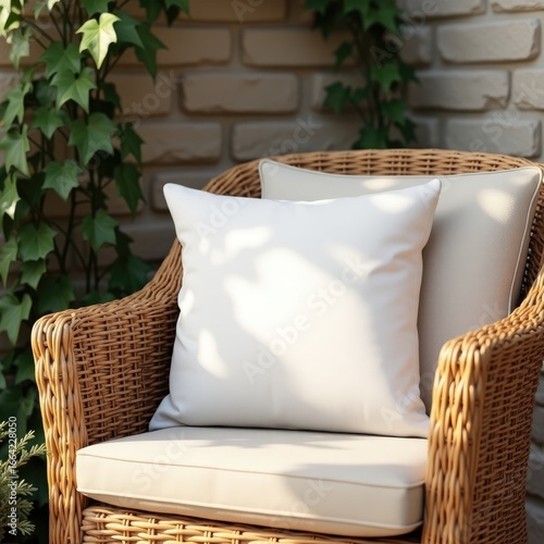 Pillow mockup close up of a wicker chair with white cushions and pillows against a brick wall with green vines