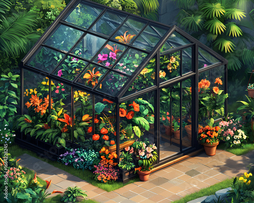Colorful Flowering Greenhouse with Glass Walls in Garden Setting
