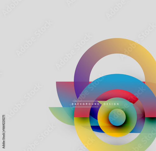 Abstract colorful circles overlap, creating dynamic visual effect. Gradient hues blend smoothly, modern design element.