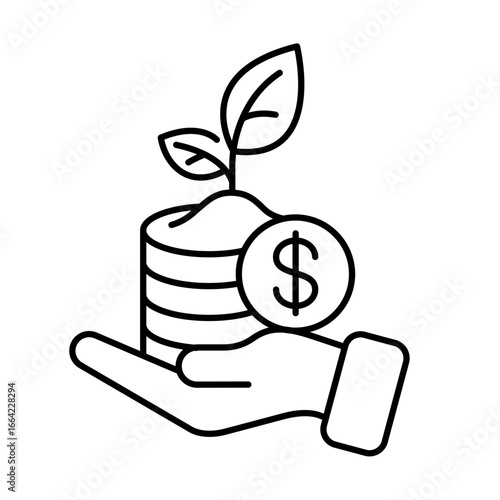 Eco green financing icon set vector. Money savings and finance vector linear icons set. Isolated icon collection such as money, dollar, currency, coins, hand, leaf, eco friendly, credit card, finance.