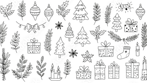 Christmas elements with holiday symbols ornaments trees holly pine leaves gifts and candles in minimal black outline style festive illustration for cards wrapping paper and decorations