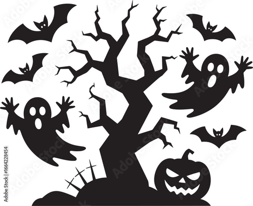 Scary Haunted Tree with Ghosts and Bats Halloween Silhouette