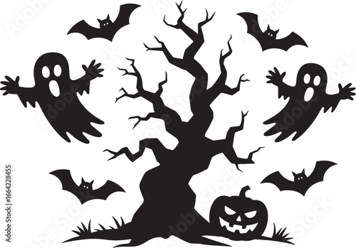 Scary Haunted Tree with Ghosts and Bats Halloween Silhouette