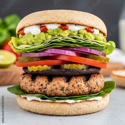Gourmet veggie burger stacked high