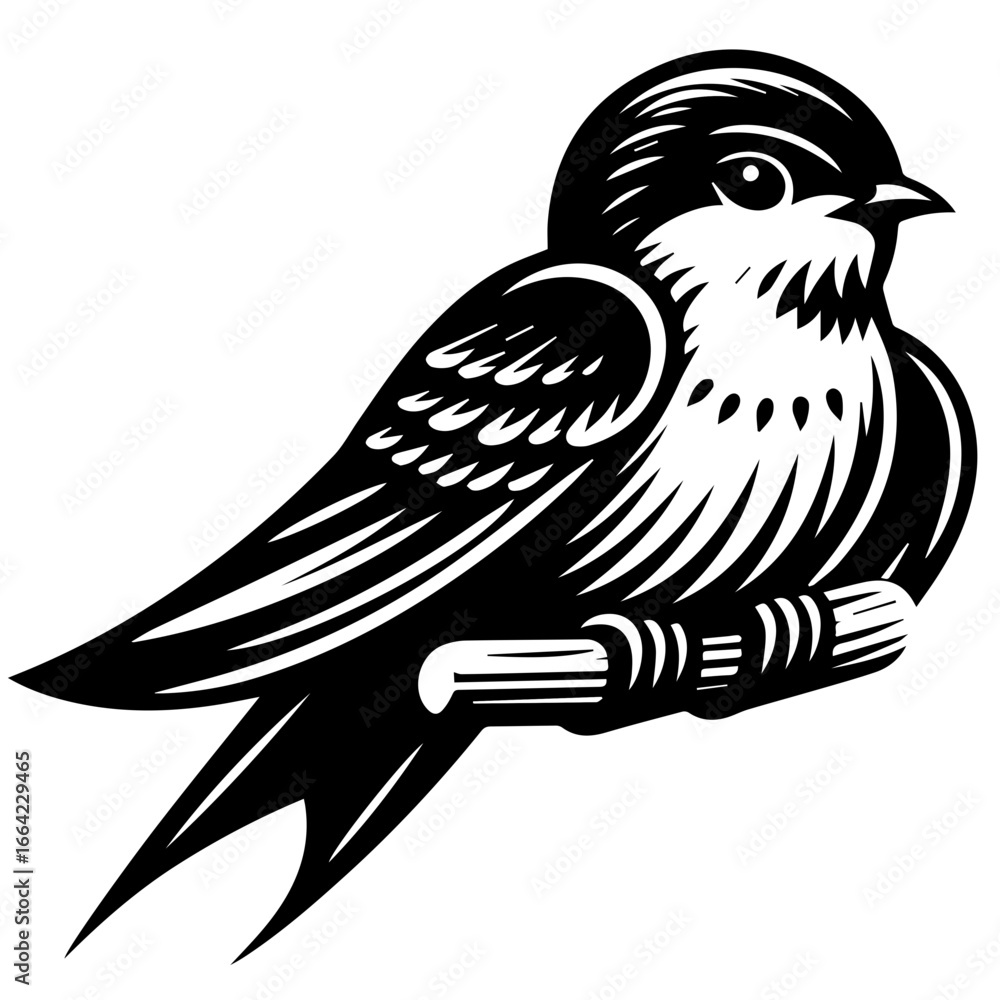 Obraz premium Illustration of a swallow bird perched on a branch with detailed feather and wing patterns in black and white