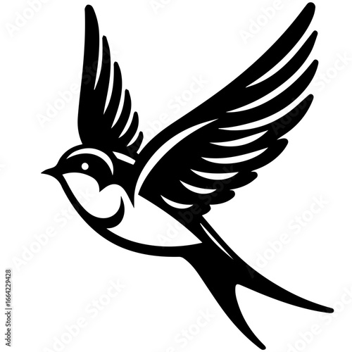 Silhouette of a swallow bird in flight with detailed wings and tail feathers in black and white design