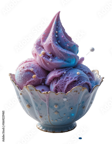 Luxurious Purple and Gold Soft Serve in a Decorative Gold-Trimmed Cup - A Regal and Elegant Frozen Dessert