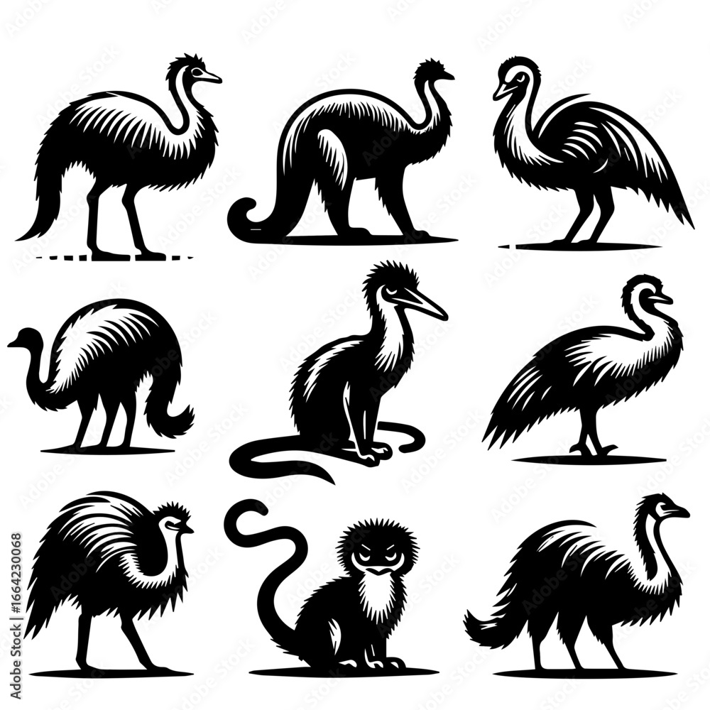 Obraz premium Illustrative collection of stylized emus and other bird like creatures in black and white design