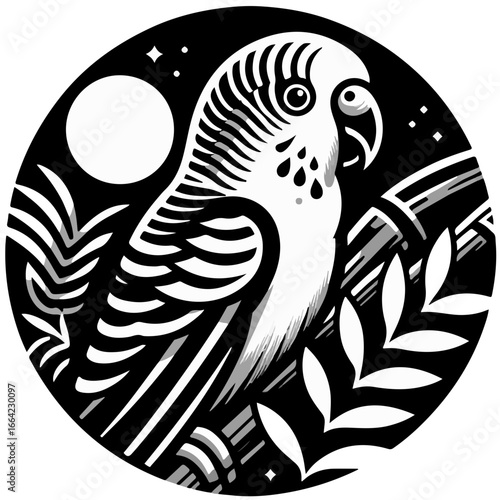 Monochrome illustration of a budgerigar perched on a branch under a moonlit sky in a circular frame