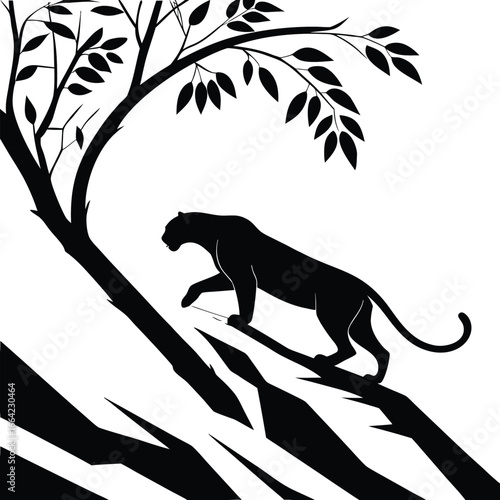 Elegant Silhouette of a Panther Ascending a Tree Lined Hill in Black and White Art