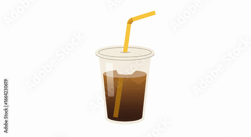 A simple flat vector illustration of a cold iced coffee beverage in a plastic takeaway cup with a straw