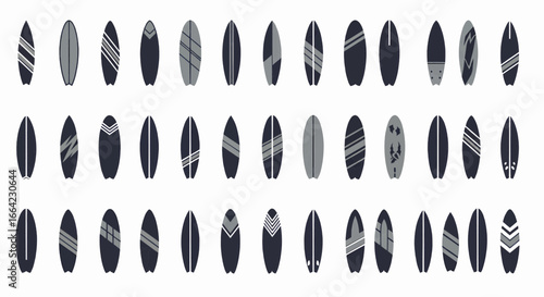 Collection of various surfboard designs, showcasing diverse patterns and styles for water sports enthusiasts