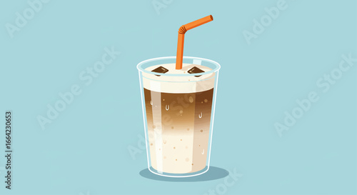 Refreshing iced coffee with cream and straw on a light blue background, perfect for cafes and beverage advertising
