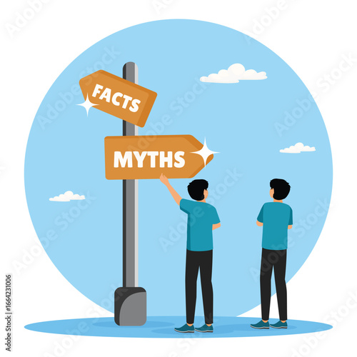 Fact vs Myth concept.Two man at Facts vs Myths directional sign.