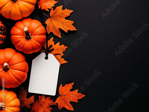 Autumn Pumpkins Surrounded By Colorful Leaves And A Blank Tag. Festive fall harvest bounty vibrant foliage backdrop customizable label for seasonal greeting thanksgiving decoration