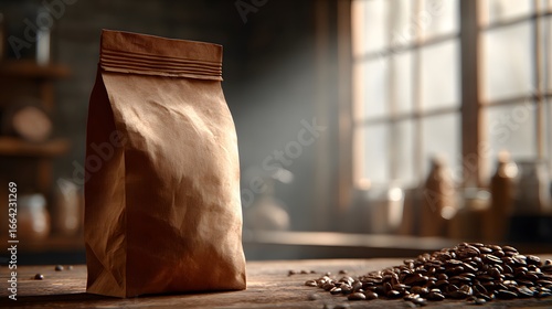 A rustic unbranded brown paper coffee bag with a sealed top standing beside a pile of fresh roasted coffee beans.