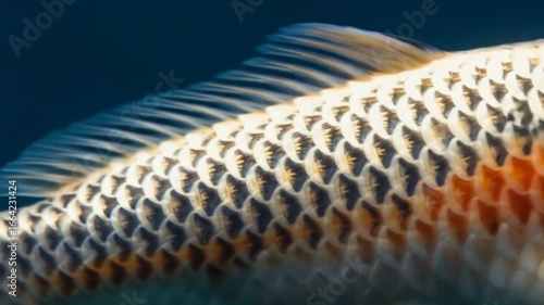 Close-Up Glimpse of Koi Fish Scales: Intricate Patterns in Aquatic Motion, Scale detail capturing