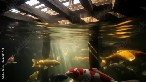 Mesmerizing underwater view of graceful koi fish swimming beneath a wooden structure creating a